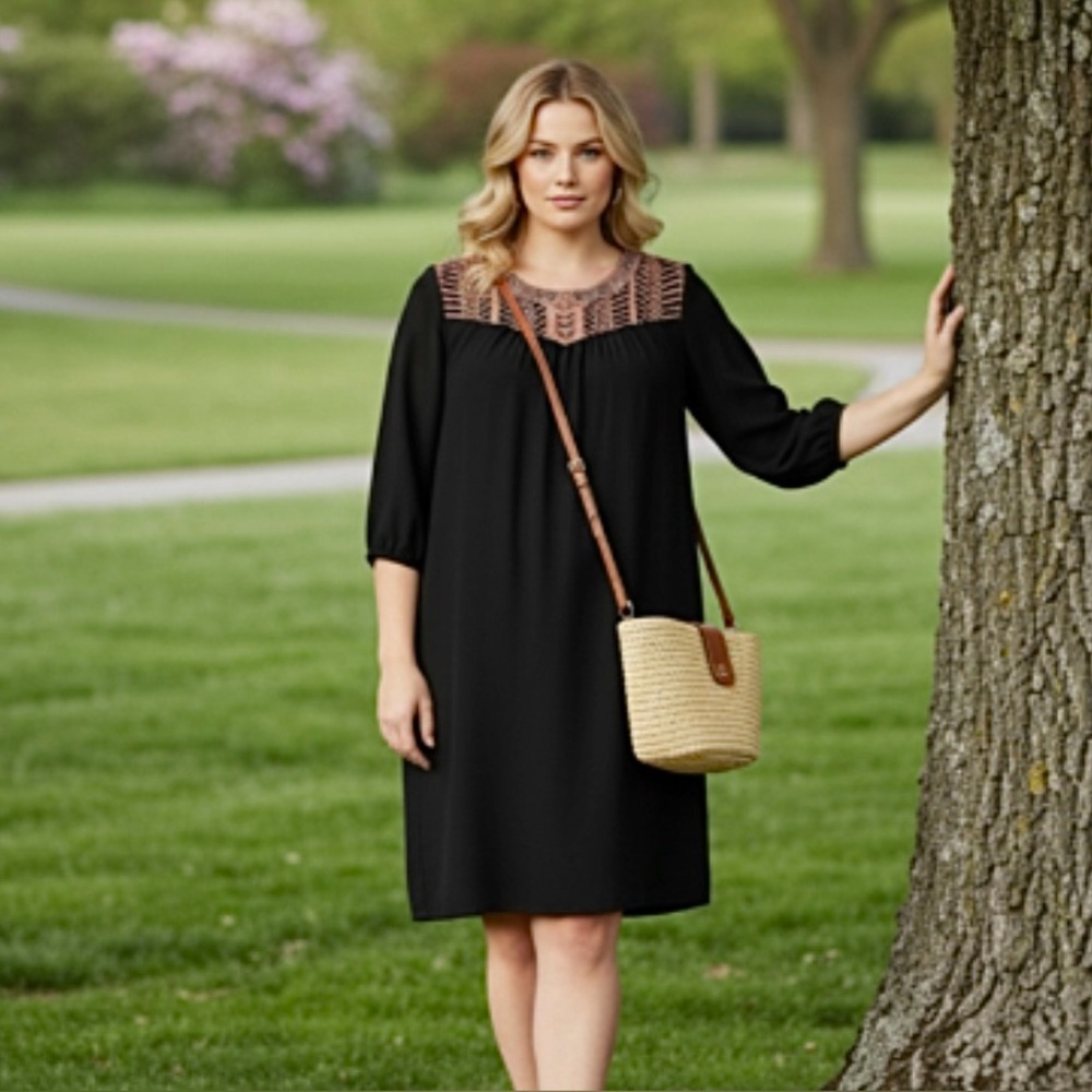 Skies are Blue Black Embroidered Boho Dress